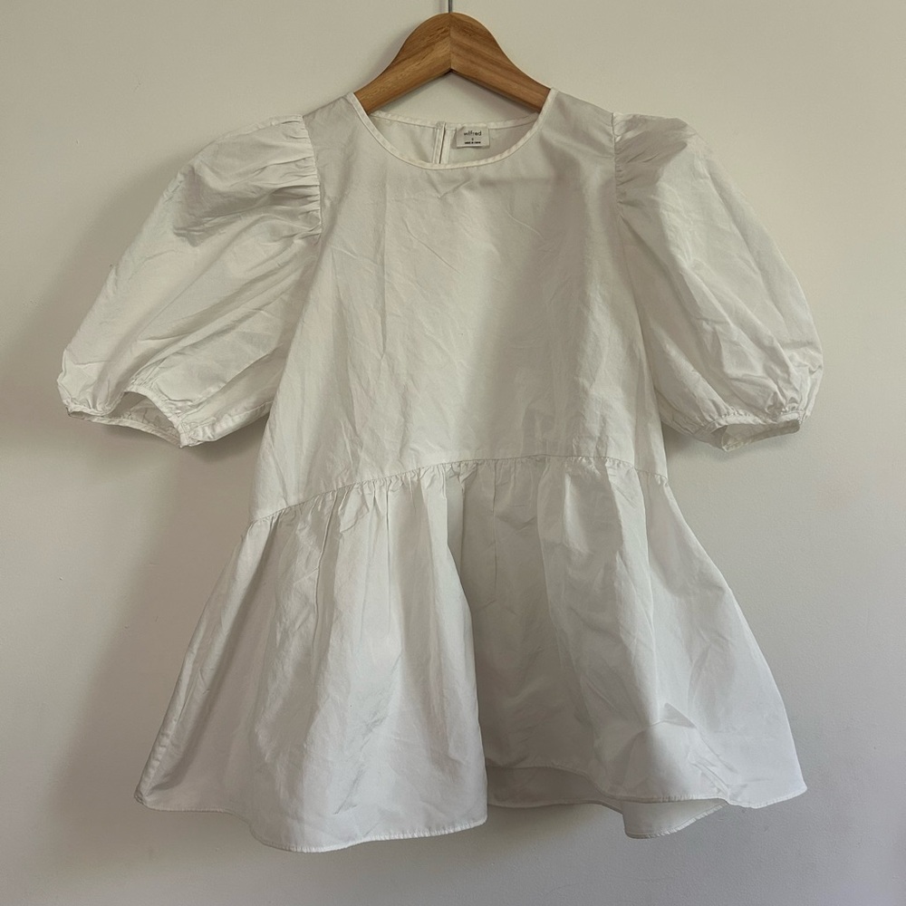 Aritzia Wilfred Fantasy  Puff-Sleeve White Peplum blouse 🤍 EUC